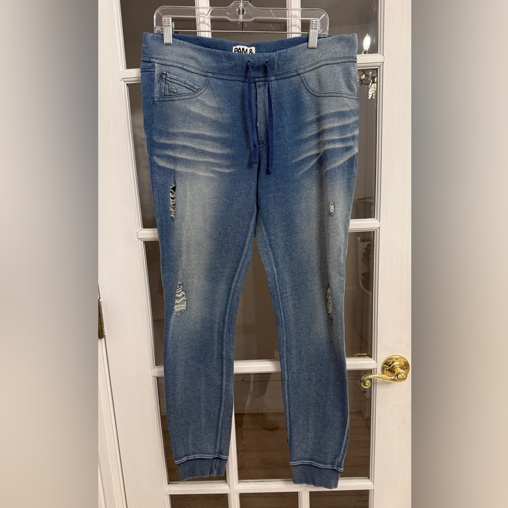 PAM & GELA Women’s Drawstring Denim Like Distressed Jeggings Size M
